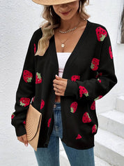 Stilvoller Cardigan mit langen Ärmeln und Erdbeer-Print für Herbst und Frühling | Dunixi