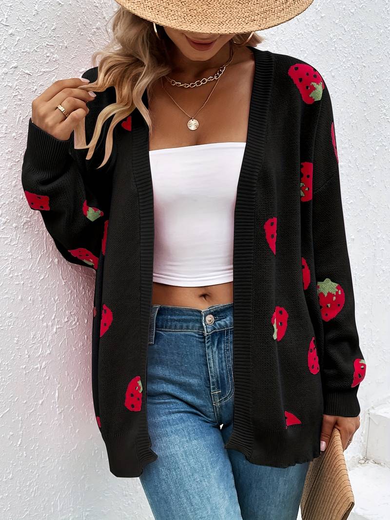 Stilvoller Cardigan mit langen Ärmeln und Erdbeer-Print für Herbst und Frühling | Dunixi