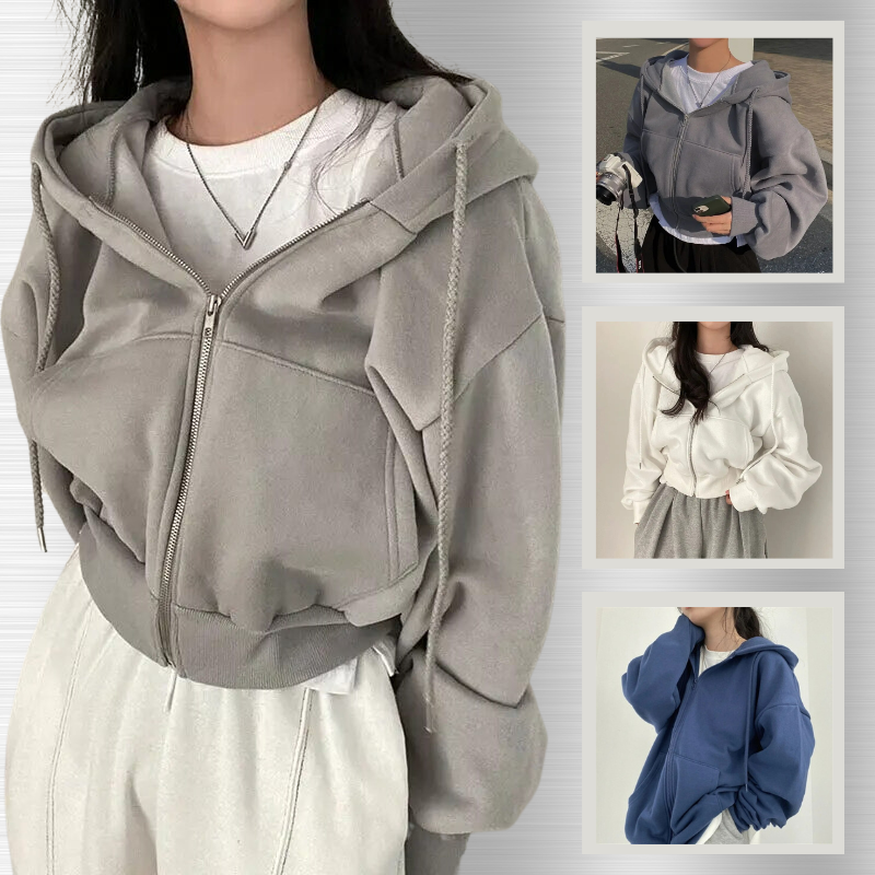 Winter Kurzer Hoodie | Übergroßer Kapuzenpullover mit Reißverschluss für Frauen l Feodosia