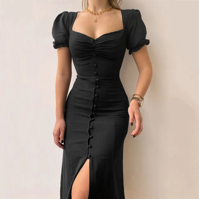 Vintage Midikleid mit quadratischem Ausschnitt und Knopfleiste für Damen l Mohini