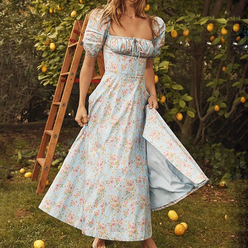 Florabelle l Damen-Blumenkleid mit Puffärmeln und hohem Schlitz