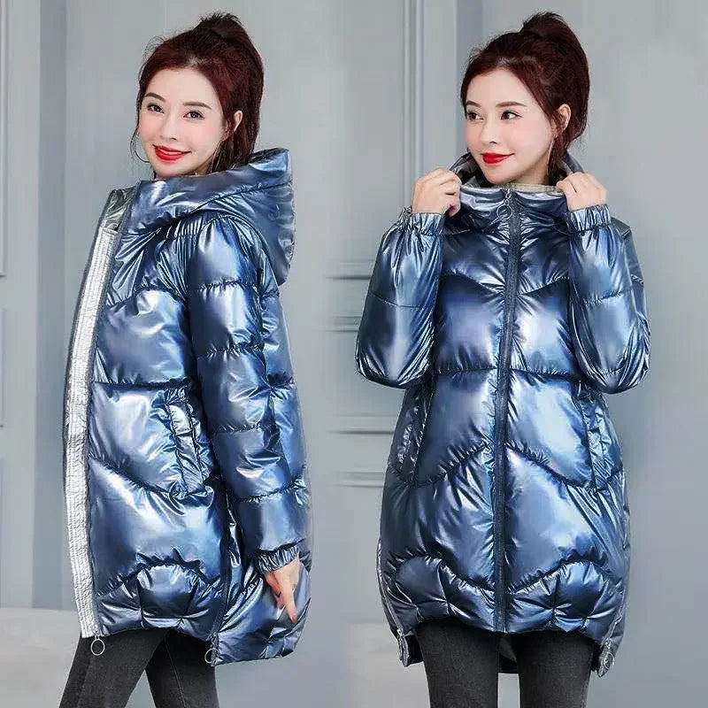 Winter-Metallic-Puffer-Parkajacke mit Kapuze für Damen | Inkamage