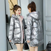 Winter-Metallic-Puffer-Parkajacke mit Kapuze für Damen | Inkamage