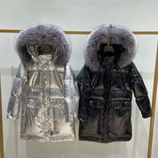 Übergroßer Metallic-Parka mit Kapuze aus Kunstfell für Damen | Chazrael