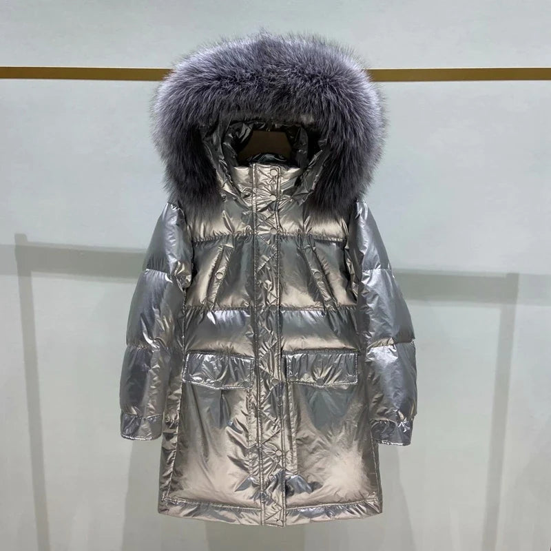 Übergroßer Metallic-Parka mit Kapuze aus Kunstfell für Damen | Chazrael