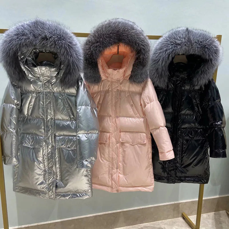 Übergroßer Metallic-Parka mit Kapuze aus Kunstfell für Damen | Chazrael