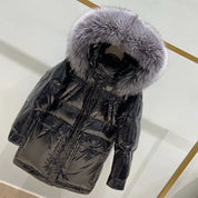 Übergroßer Metallic-Parka mit Kapuze aus Kunstfell für Damen | Chazrael