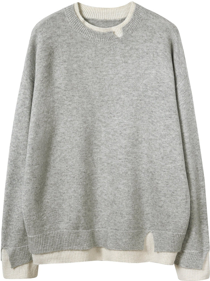 Grau-weißer Two-Fers-Pullover mit Oversize-Schnitt und langen Ärmeln | Apricity