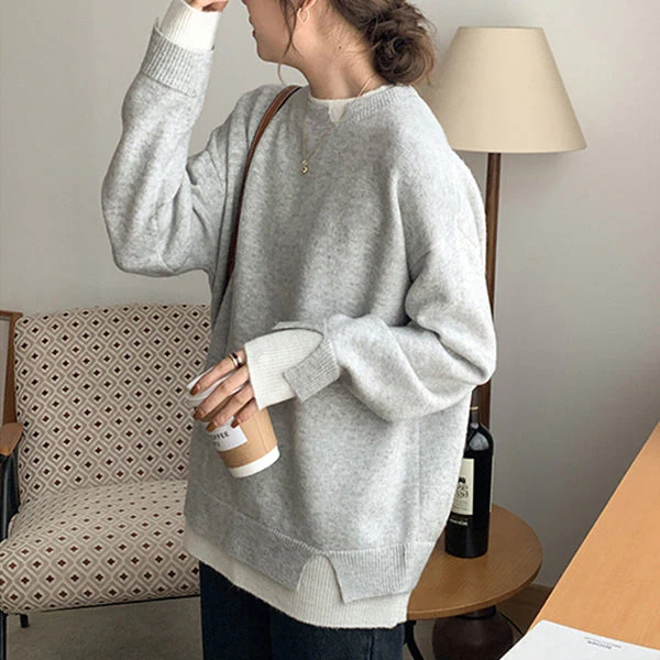 Grau-weißer Two-Fers-Pullover mit Oversize-Schnitt und langen Ärmeln | Apricity